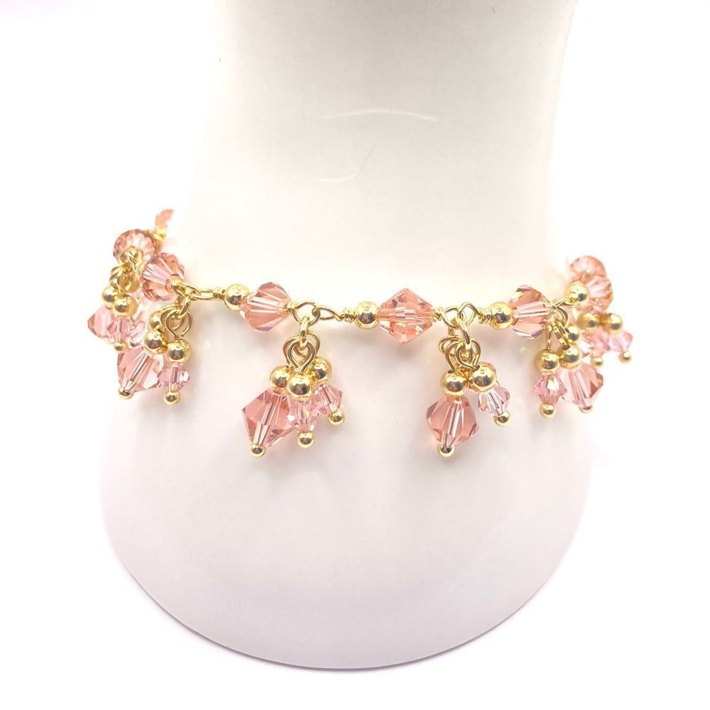 Gold and Pink Beaded Cluster Dangle Tennis Bracelet